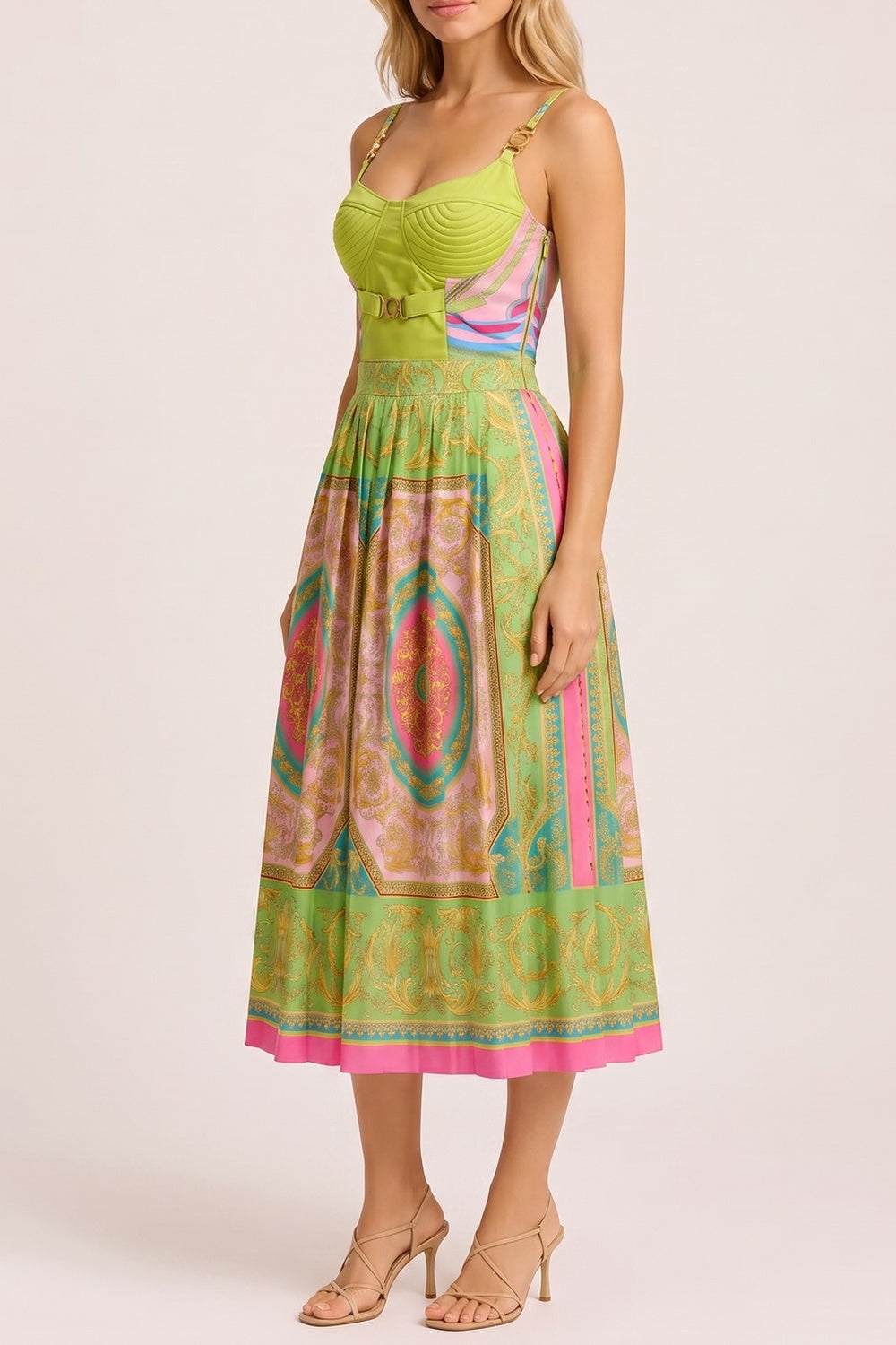 cbb5cabc52af30a6 BAROQUE PRINT CORSET MIDI DRESS WITH ADJUSTABLE STRAPS