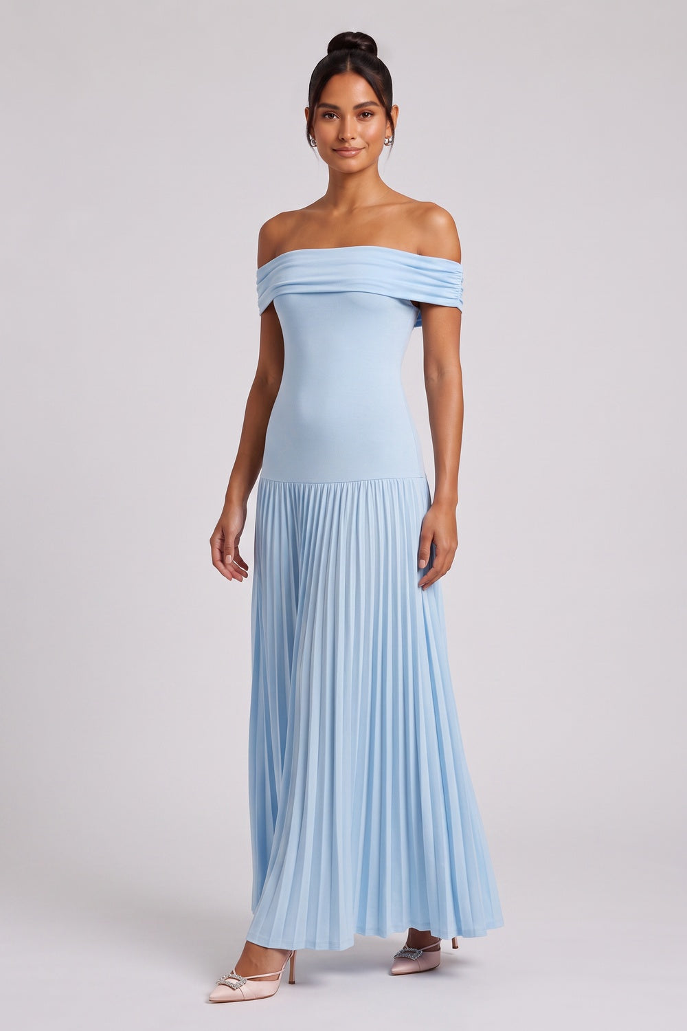 cbd122b2f7cc5001 LIGHT BLUE OFF-SHOULDER PLEATED MAXI DRESS