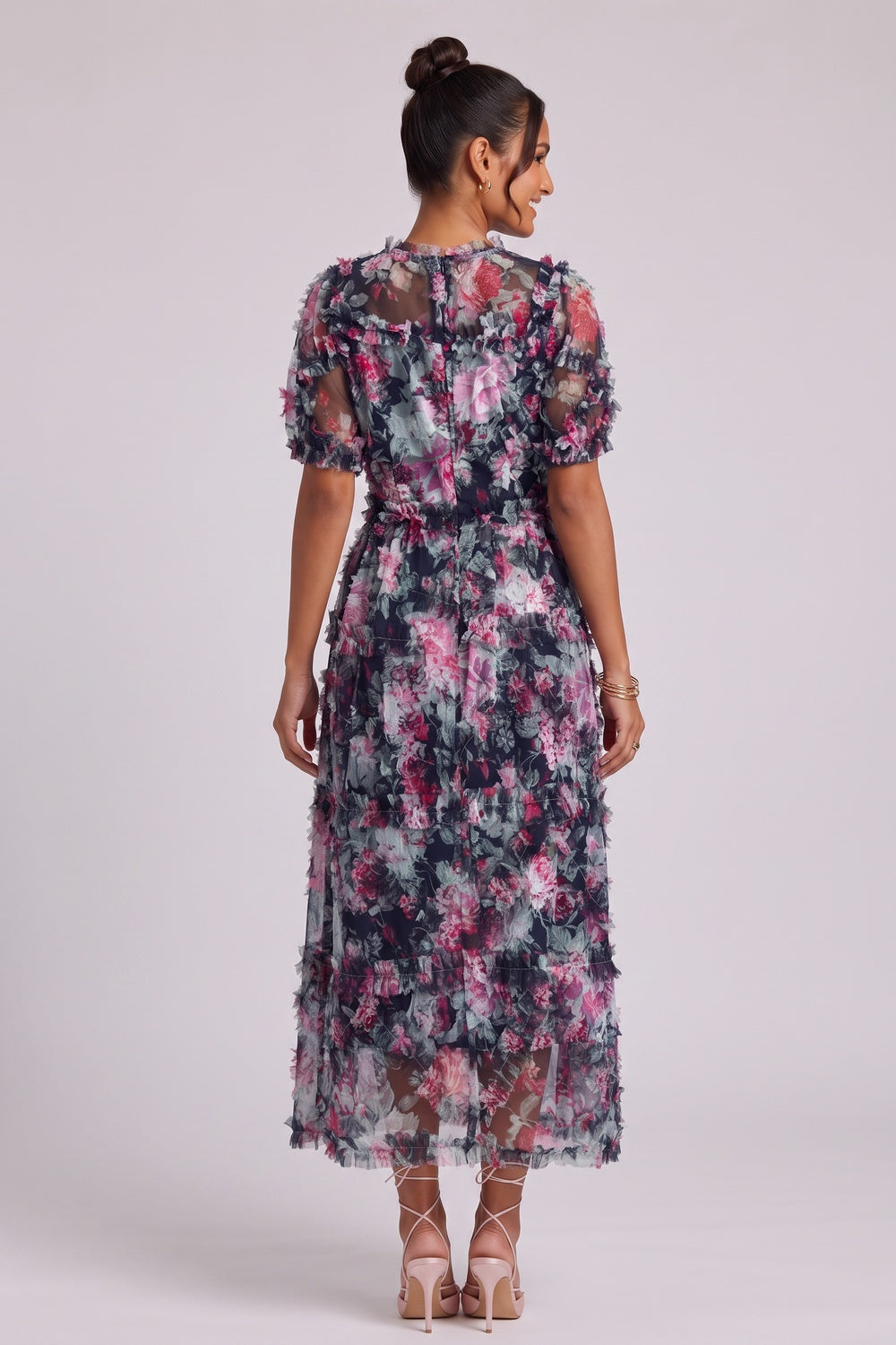 NAVY FLORAL SHEER ORGANZA A-LINE MIDI DRESS 3D RUFFLE