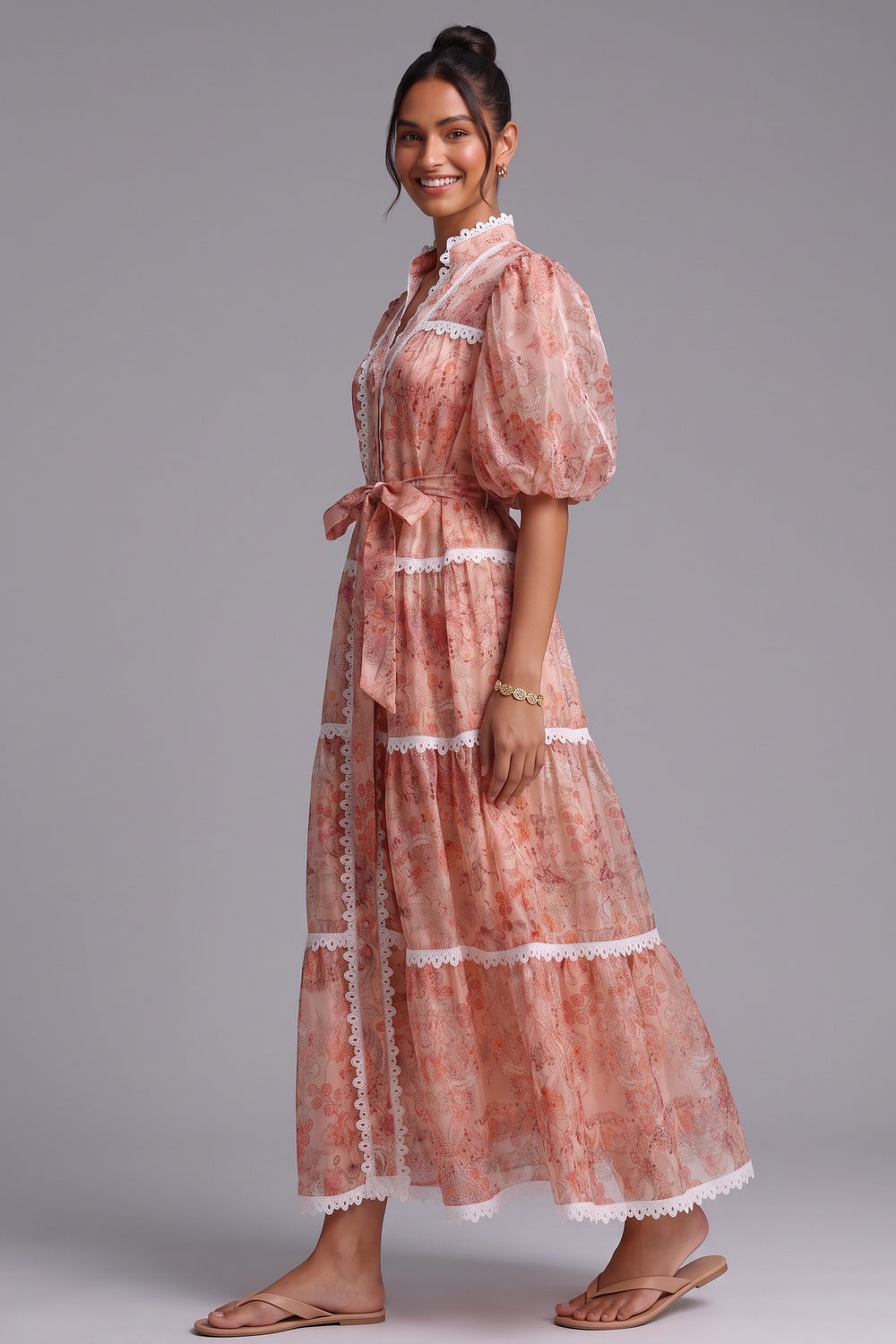 PEACH ORGANZA A-LINE TIERED MAXI DRESS BOTANICAL FLORAL