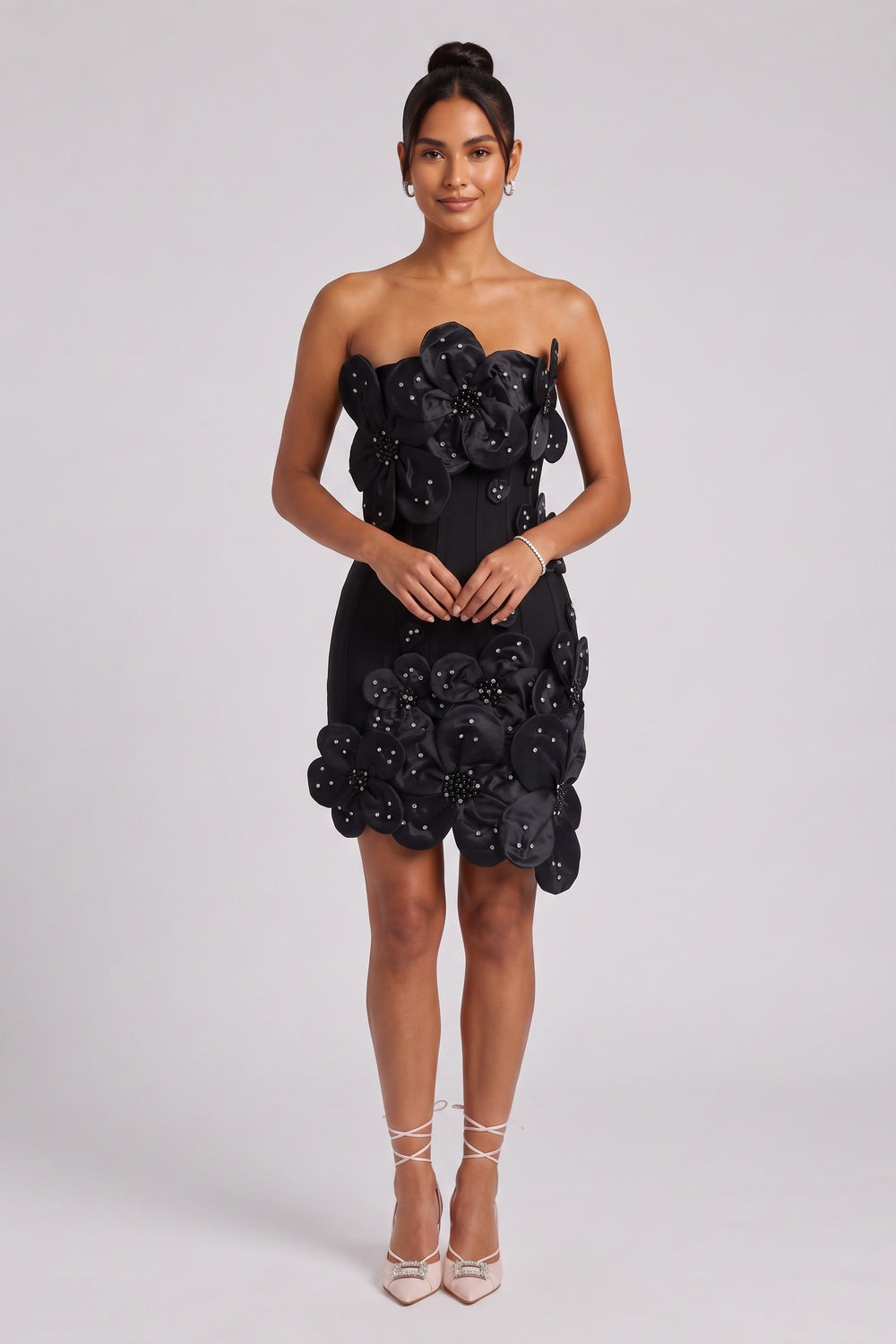 cc07232bf2882a9c BLACK 3D FLORAL CREPE MINI DRESS, STRUCTURED PARTY