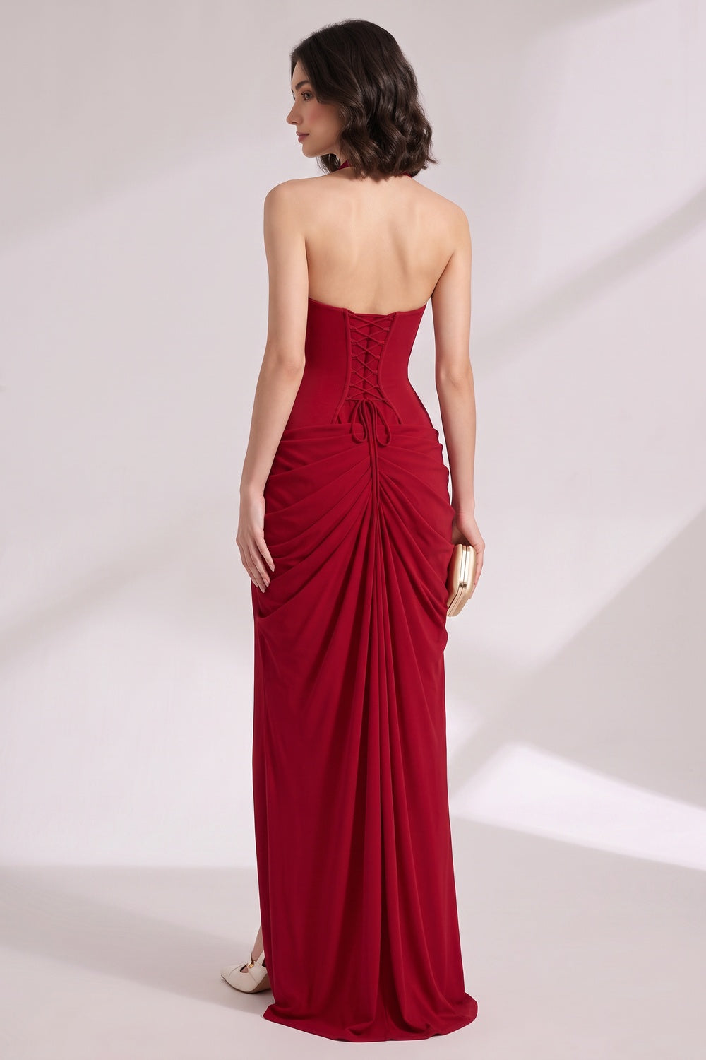 cc3479ffbad45db7 DEEP RED JERSEY COLUMN GOWN, DRAPED OVERLAY