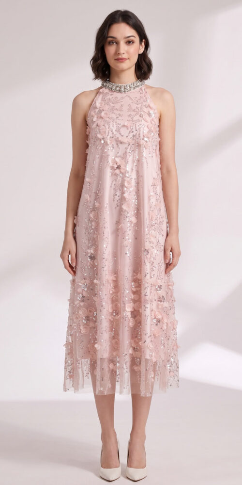 cc56246e19510fdb BLUSH PINK TULLE A-LINE SHIFT DRESS FLORAL EMBELLISHMENT