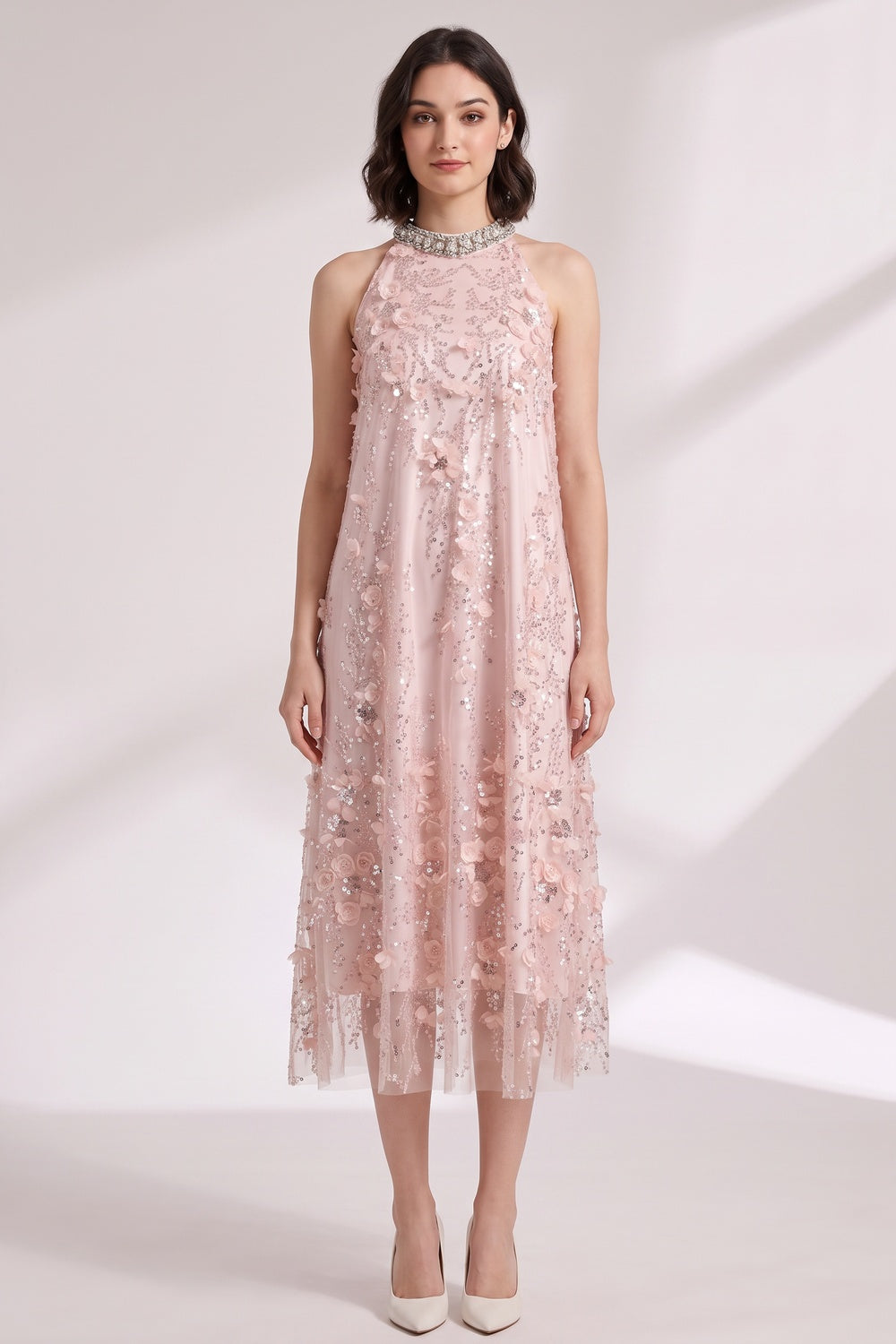 cc56246e19510fdb BLUSH PINK TULLE A-LINE SHIFT DRESS FLORAL EMBELLISHMENT