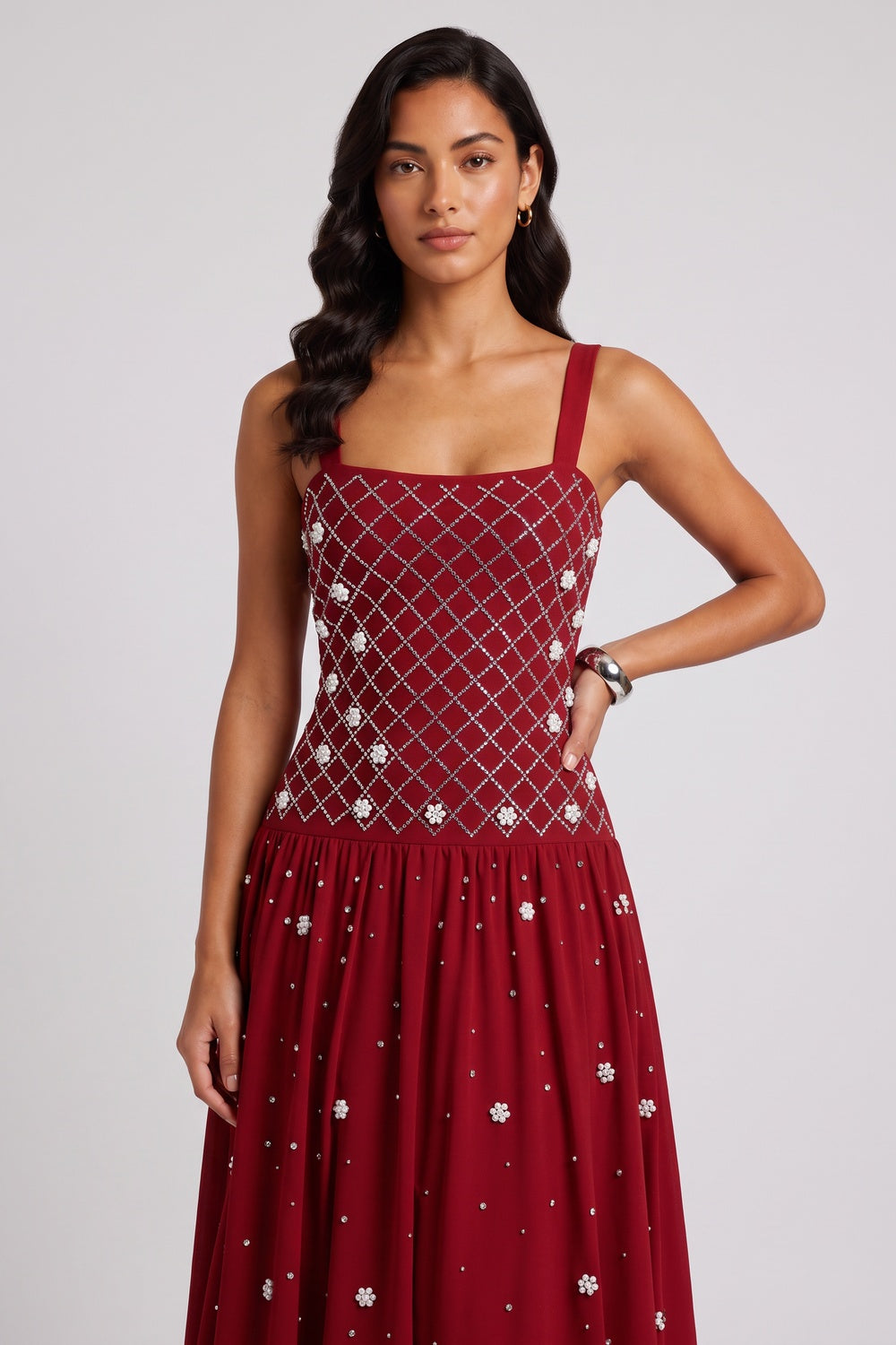 cca9ccec71f7ef51 SQUARE NECK RHINESTONE PEARL FLOWY MAXI DRESS