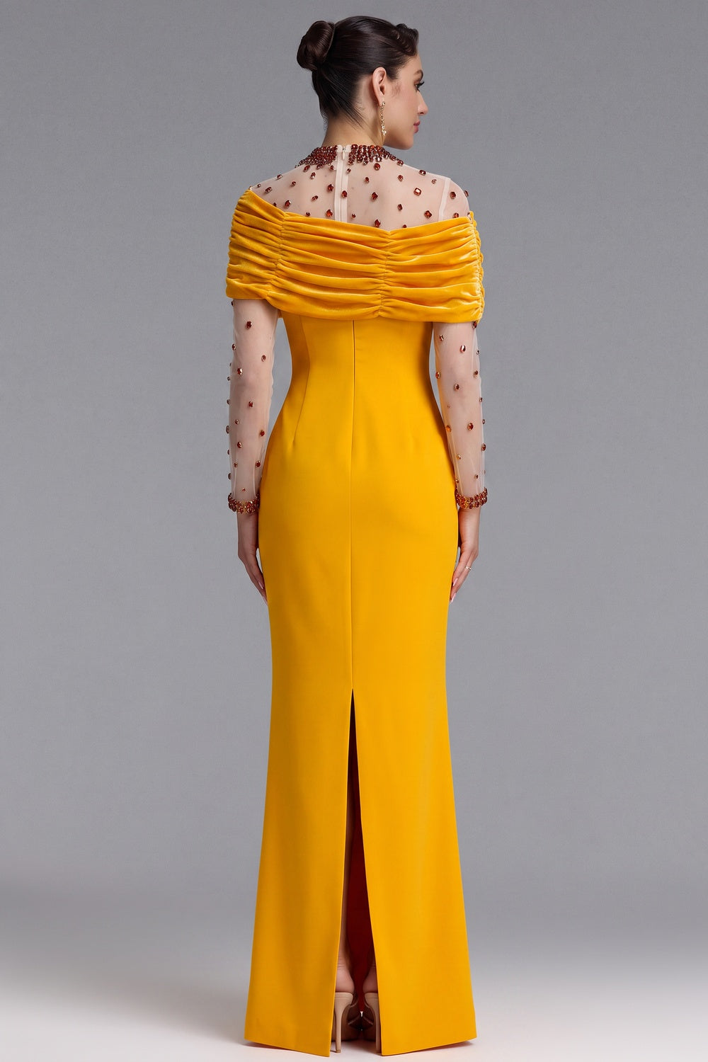 YELLOW VELVET OFF-SHOULDER BEADED GOWN