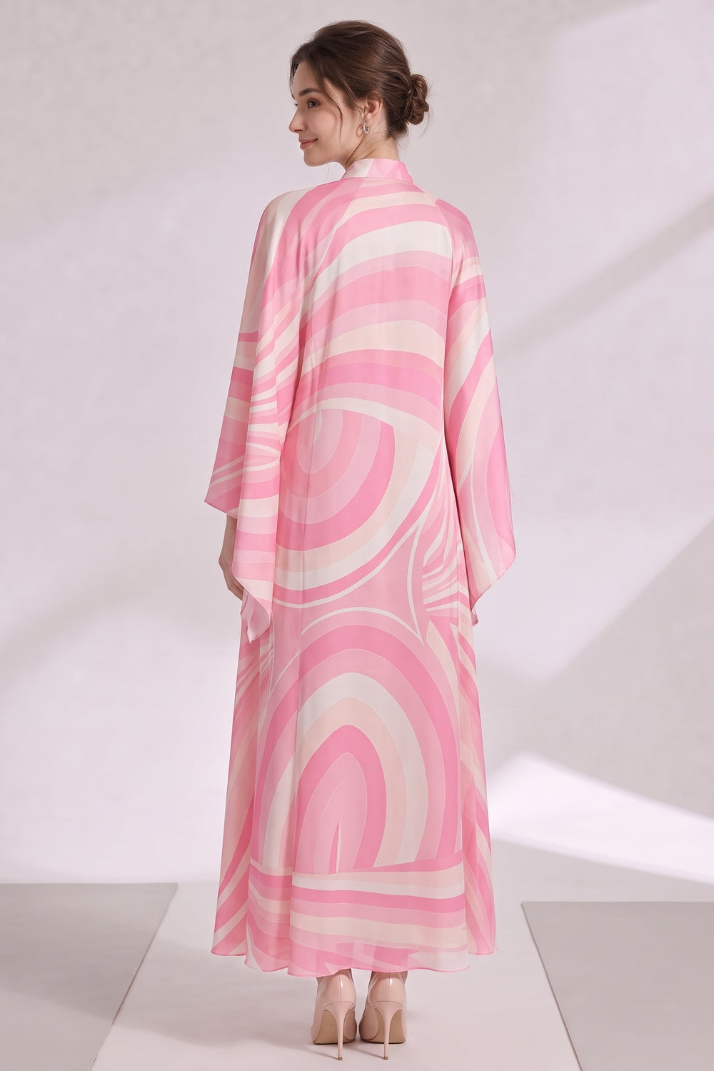 ccde6a9dfc129cce PINK SILK SATIN PSYCHEDELIC SWIRL KAFTAN DRESS