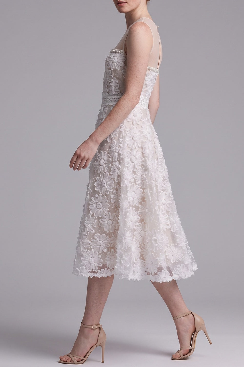 cce29659e780d58c SHEER MESH MOCK NECK SLEEVELESS 3D FLORAL TULLE MIDI DRESS