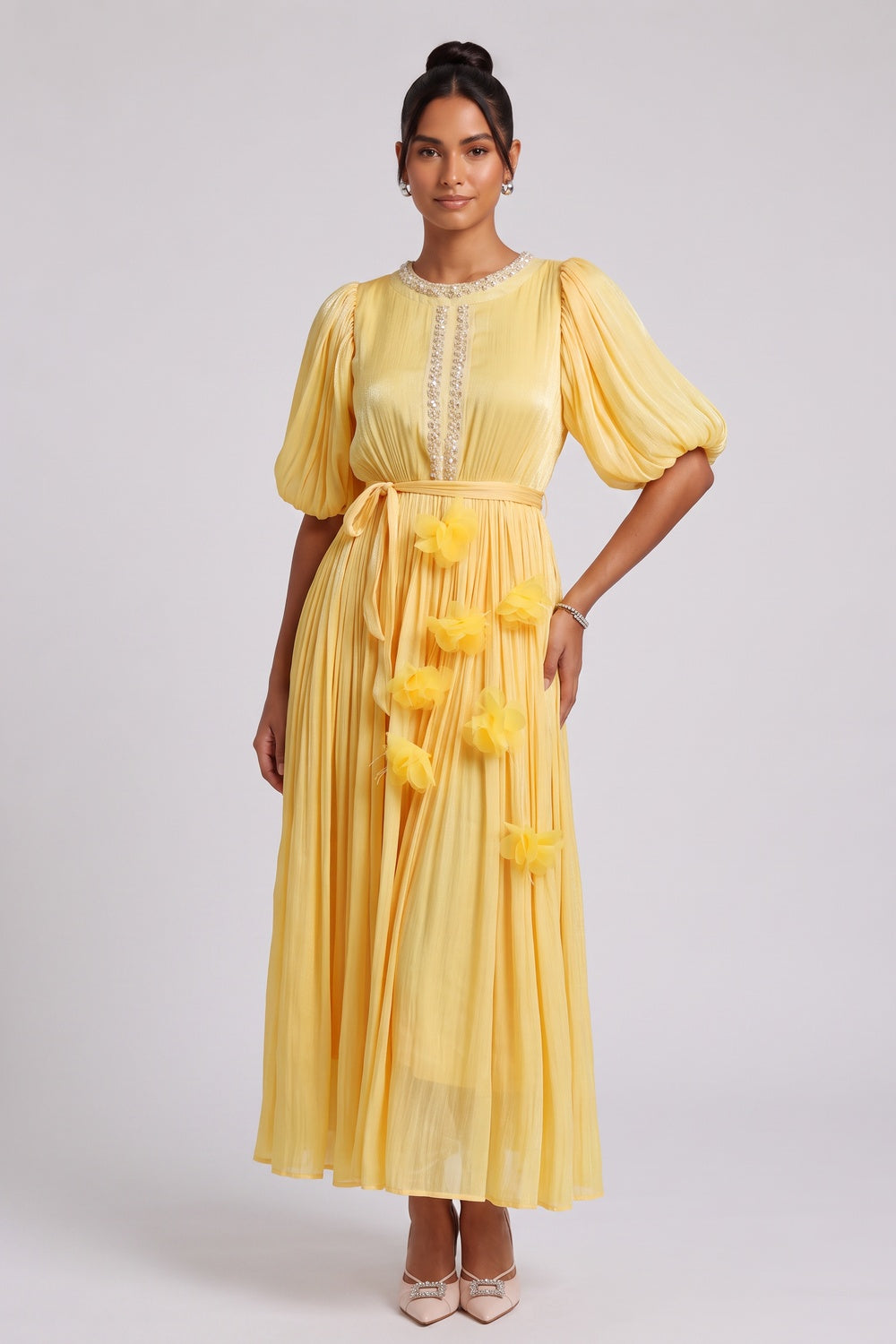 cd2efe926d1c9472 YELLOW BEADED 3D FLORAL MIDI DRESS FOR WEDDING GUEST