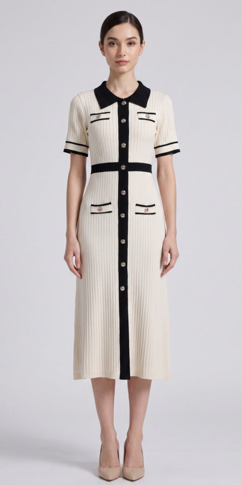 cd3855df4e2f8b42 CREAM RIBBED MIDI DRESS BLACK TRIM COCKTAIL