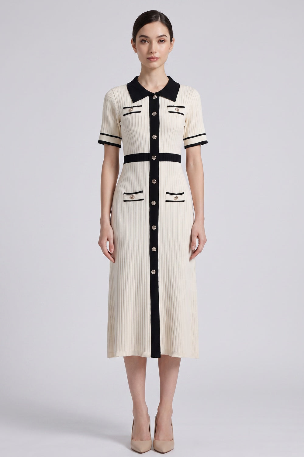 CREAM RIBBED MIDI DRESS BLACK TRIM COCKTAIL