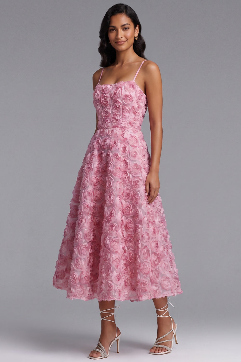 cd7045b2e0e5893d PINK ROSETTE MESH A-LINE MIDI DRESS FOR WEDDING GUEST