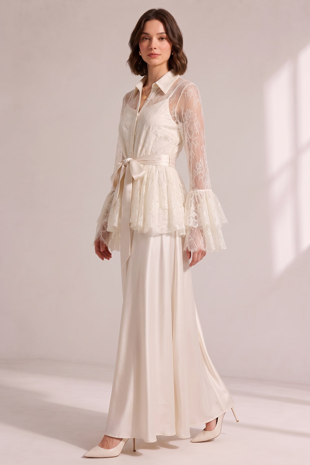 cd91c2327dd7ceeb CREAM LACE FLARE SLEEVE SATIN CAMI BELT WIDE LEG MAXI SET