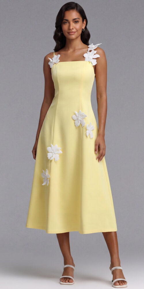 ce6f047a84892b61 PASTEL YELLOW CREPE A-LINE MIDI DRESS WITH 3D FLORALS