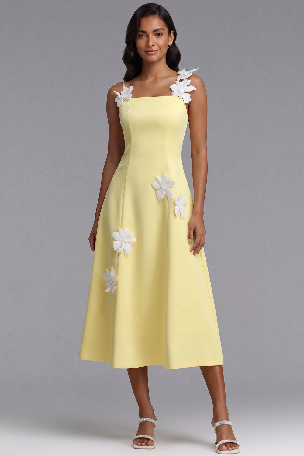 ce6f047a84892b61 PASTEL YELLOW CREPE A-LINE MIDI DRESS WITH 3D FLORALS