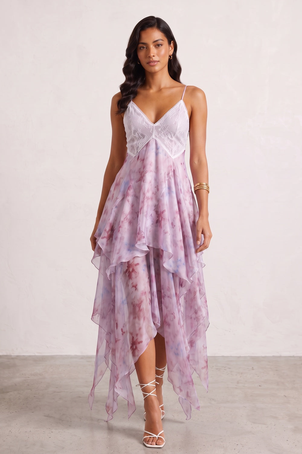 ce8cf1150db37a4a PINK WATERCOLOR FLORAL LACE V-NECK RUFFLE MAXI DRESS