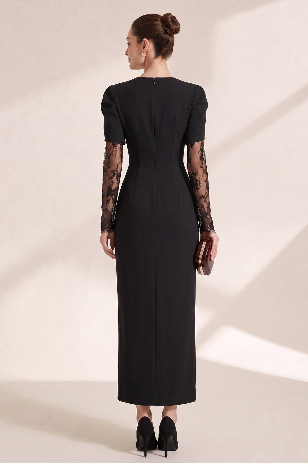 cec1cb7e05539568 BLACK LACE COLUMN DRESS, STRUCTURED CREPE, COCKTAIL