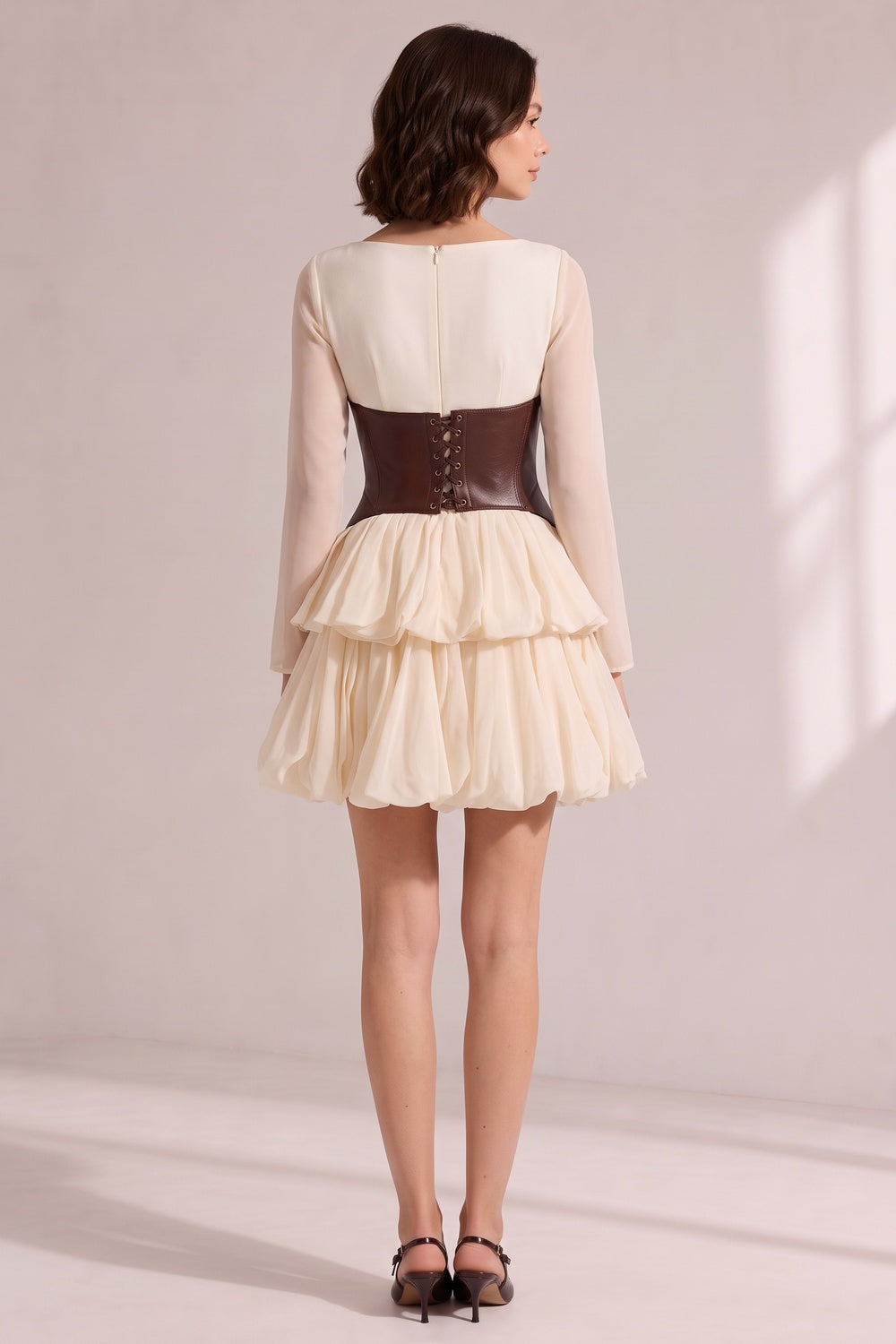 cf0324c8e51a2fda CREAM SHEER LAYERED PETAL MINI DRESS WITH BROWN LEATHER BELT