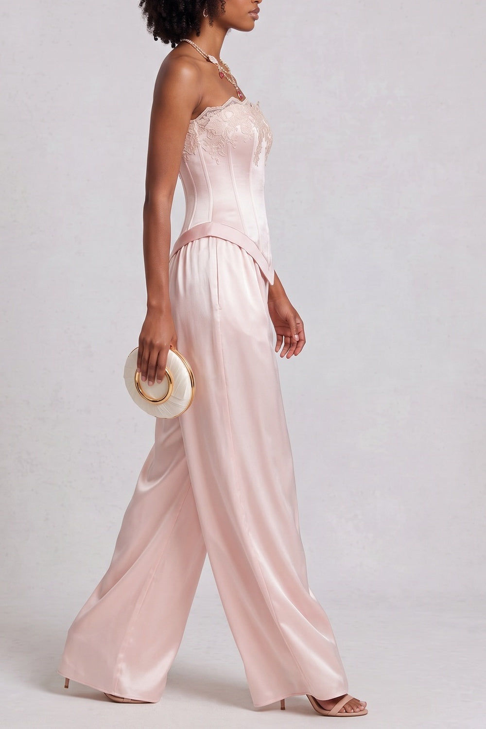 STRAPLESS LACE SATIN TOP & WIDE LEG PANT SET
