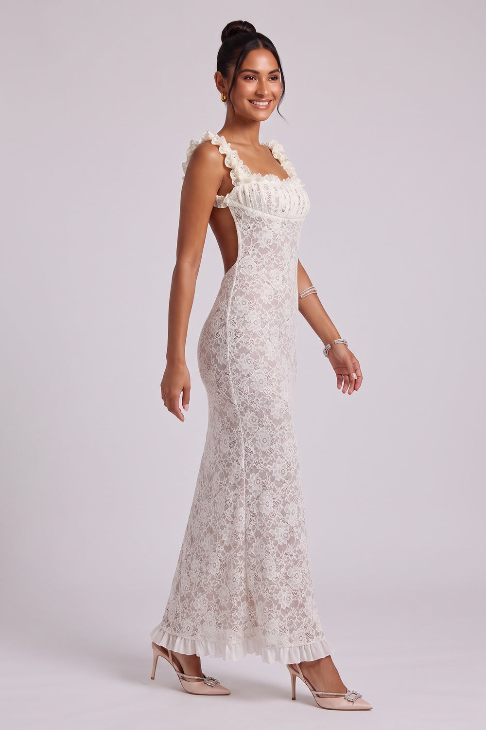 cf3d066fbb1bd140 WHITE LACE MAXI DRESS RUFFLED SQUARE NECKLINE WEDDING GUEST