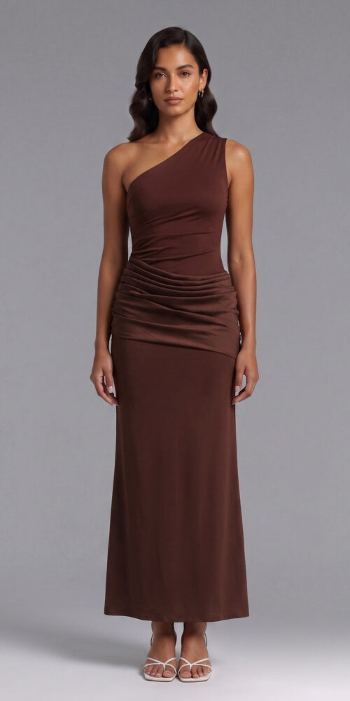 cf918d5f5f91c409 ONE-SHOULDER CHOCOLATE MAXI DRESS, STRETCH JERSEY
