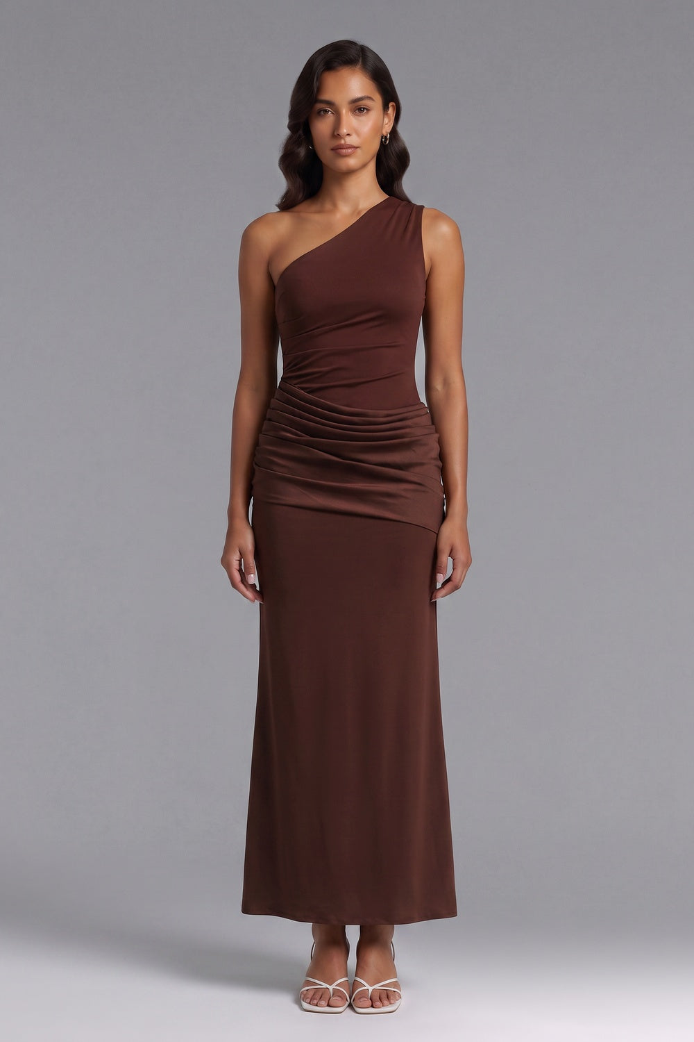 cf918d5f5f91c409 ONE-SHOULDER CHOCOLATE MAXI DRESS, STRETCH JERSEY