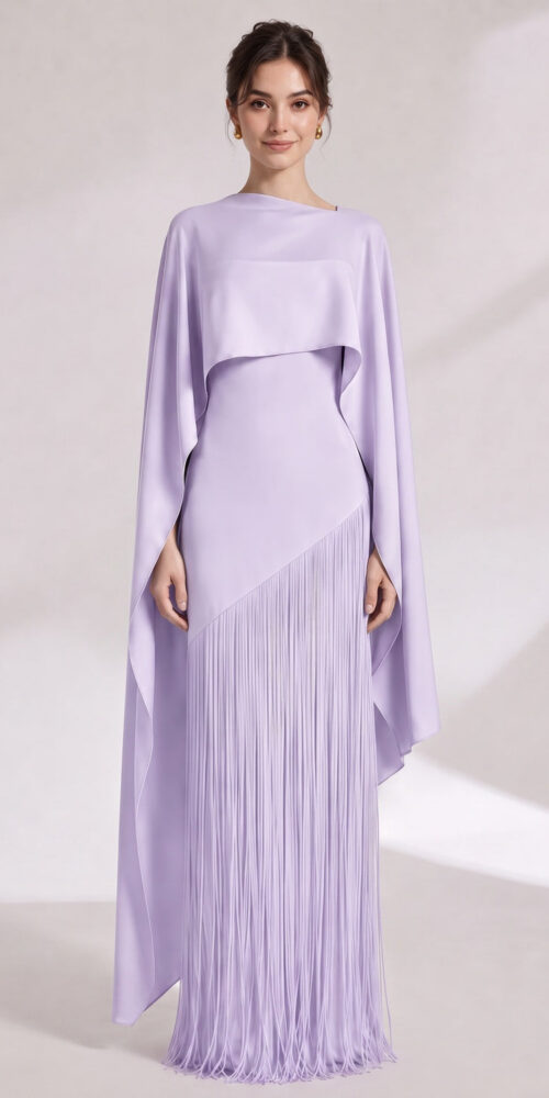 LAVENDER CAPE COLUMN EVENING GOWN, ASYMMETRICAL OVERLAY