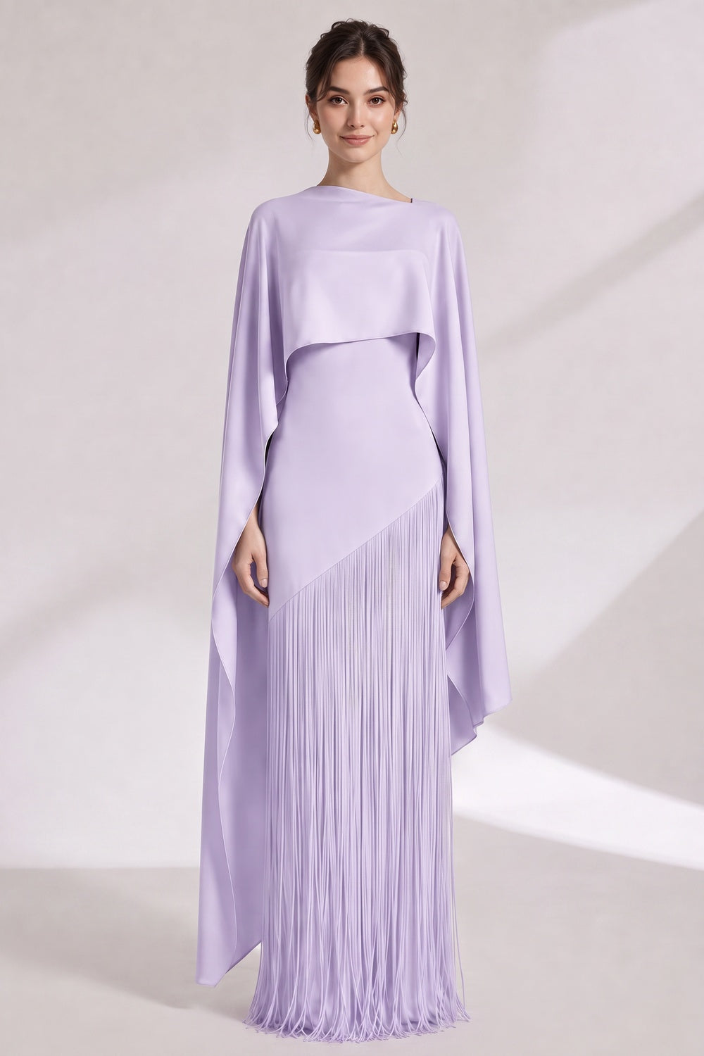 LAVENDER CAPE COLUMN EVENING GOWN, ASYMMETRICAL OVERLAY