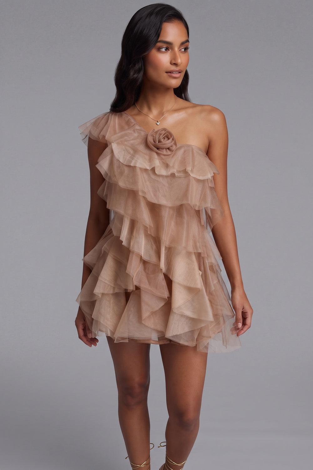 cfcbe8e067438683 TAUPE TIERED TULLE A-LINE MINI DRESS FOR PARTY