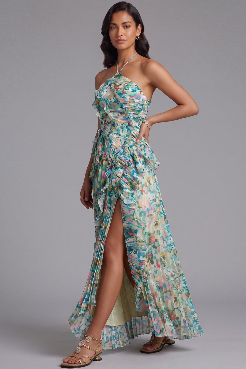 GREEN CHIFFON A-LINE MAXI DRESS HIGH SLIT RUFFLED
