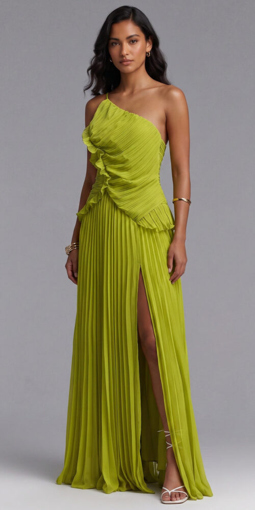 LIME GREEN CHIFFON A-LINE EVENING GOWN