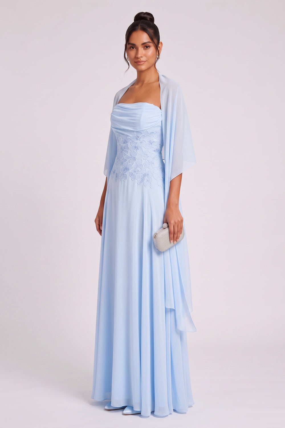 LIGHT BLUE CHIFFON A-LINE EVENING GOWN
