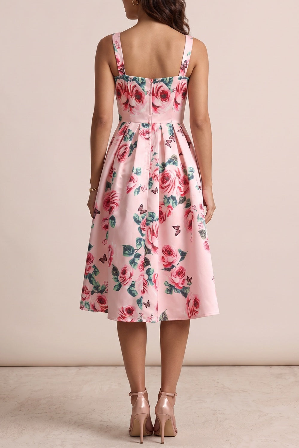 d066f4ec0da3cc9d PINK ROSE PRINT SQUARE NECK FIT-FLARE MIDI DRESS