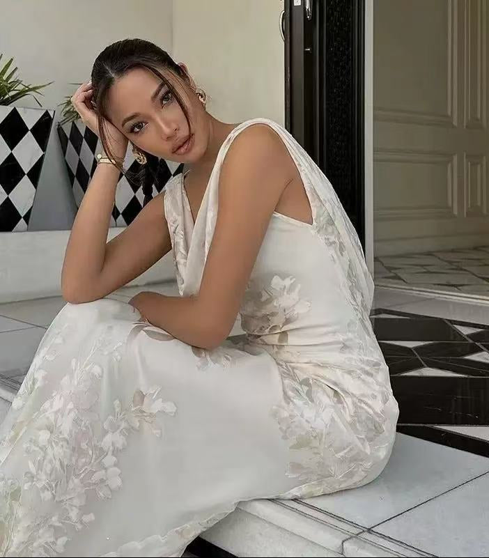 d0b2aebecd2f44493d26bb2ea11d9482 DRAPED COWL BACKLESS FLORAL JACQUARD MERMAID MAXI DRESS