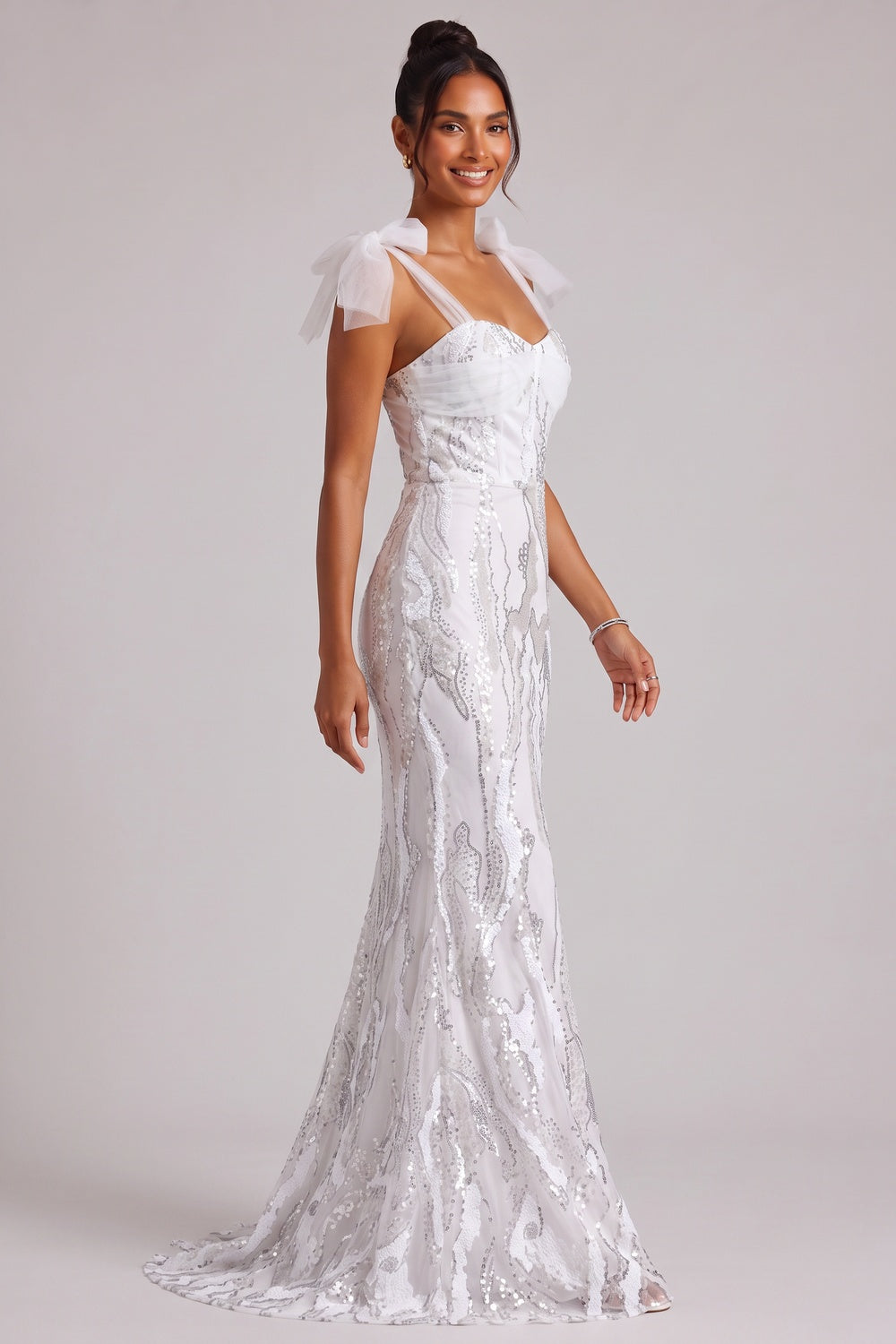 d0c43a873b6d02dc WHITE SEQUIN BOW STRAP GOWN, FLOOR-LENGTH EVENING DRESS