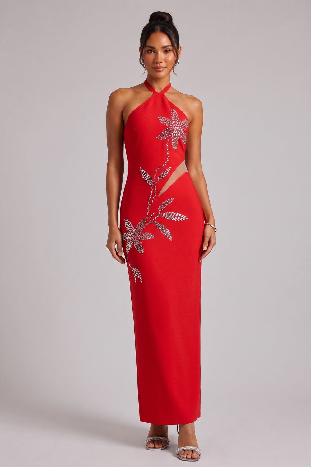 RED HALTER GOWN, SILVER FLORAL EMBELLISHMENTS, FORMAL EVENING