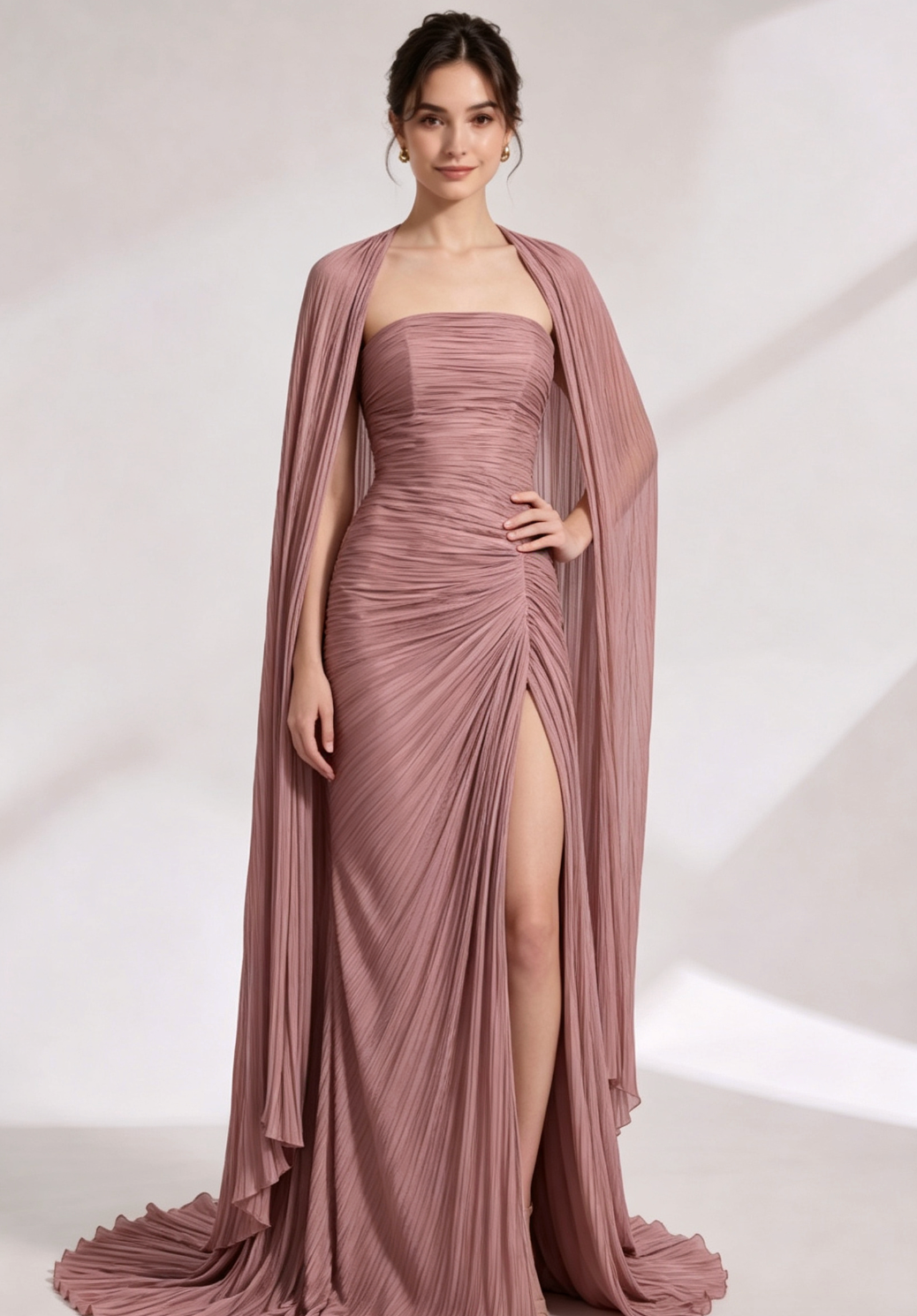 d0f3aec8482843073ab3198669e24617 DUSTY ROSE PLISSÉ STRAPLESS CAPE GOWN W/ TRAIN