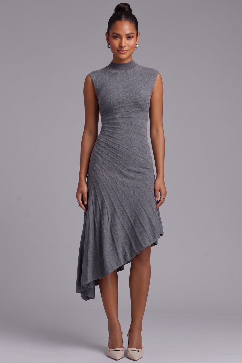 d118638b76760b5b GREY ASYMMETRIC HEM MIDI DRESS FOR EVENING