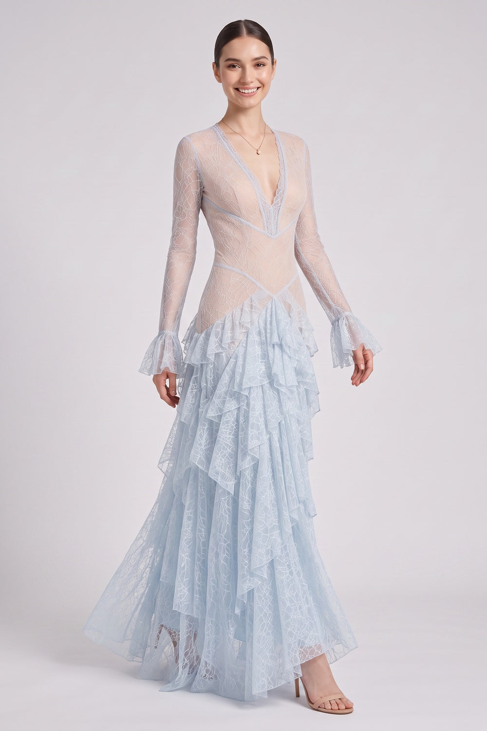 d19299cc968403de LIGHT BLUE LACE TIERED A-LINE GOWN FOR WEDDING GUEST