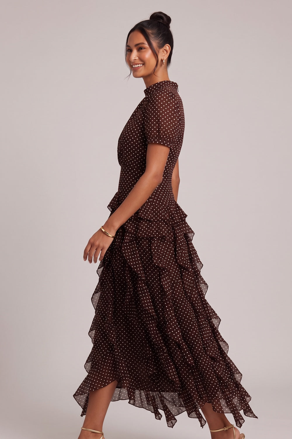 d1c37f9a5be4ac68 BROWN POLKA DOT TIERED RUFFLE MIDI DRESS