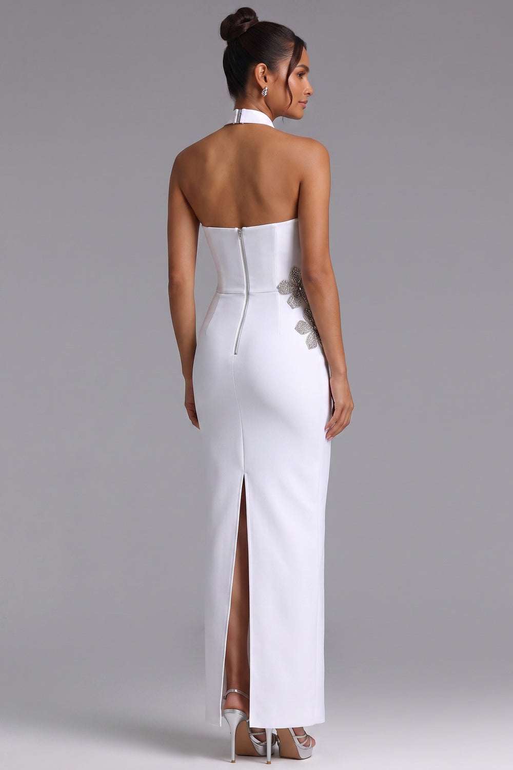 d1c6c94d00dd3dc7 SILVER FLORAL WHITE CREPE COLUMN GOWN - EVENING