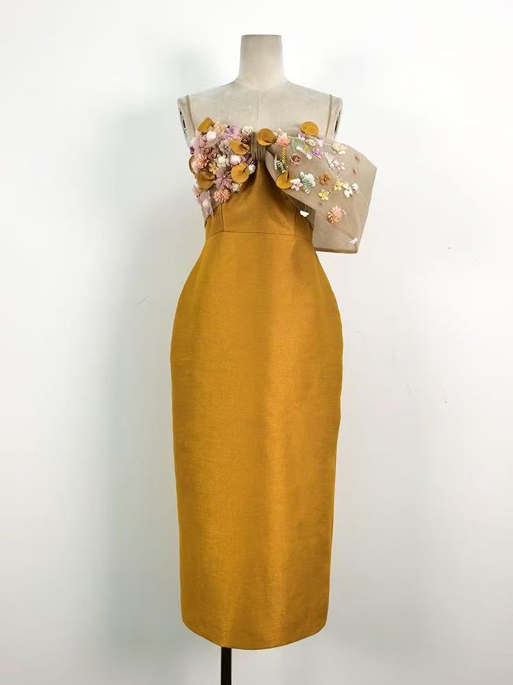 3D FLORAL SATIN BODYCON MIDI DRESS