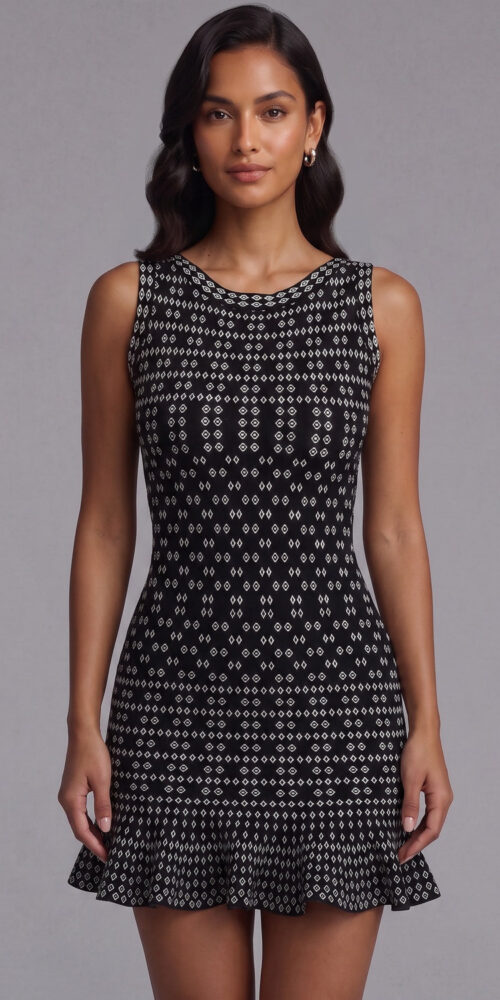 d23393d92807b448 BLACK JACQUARD KNIT FIT-AND-FLARE COCKTAIL DRESS