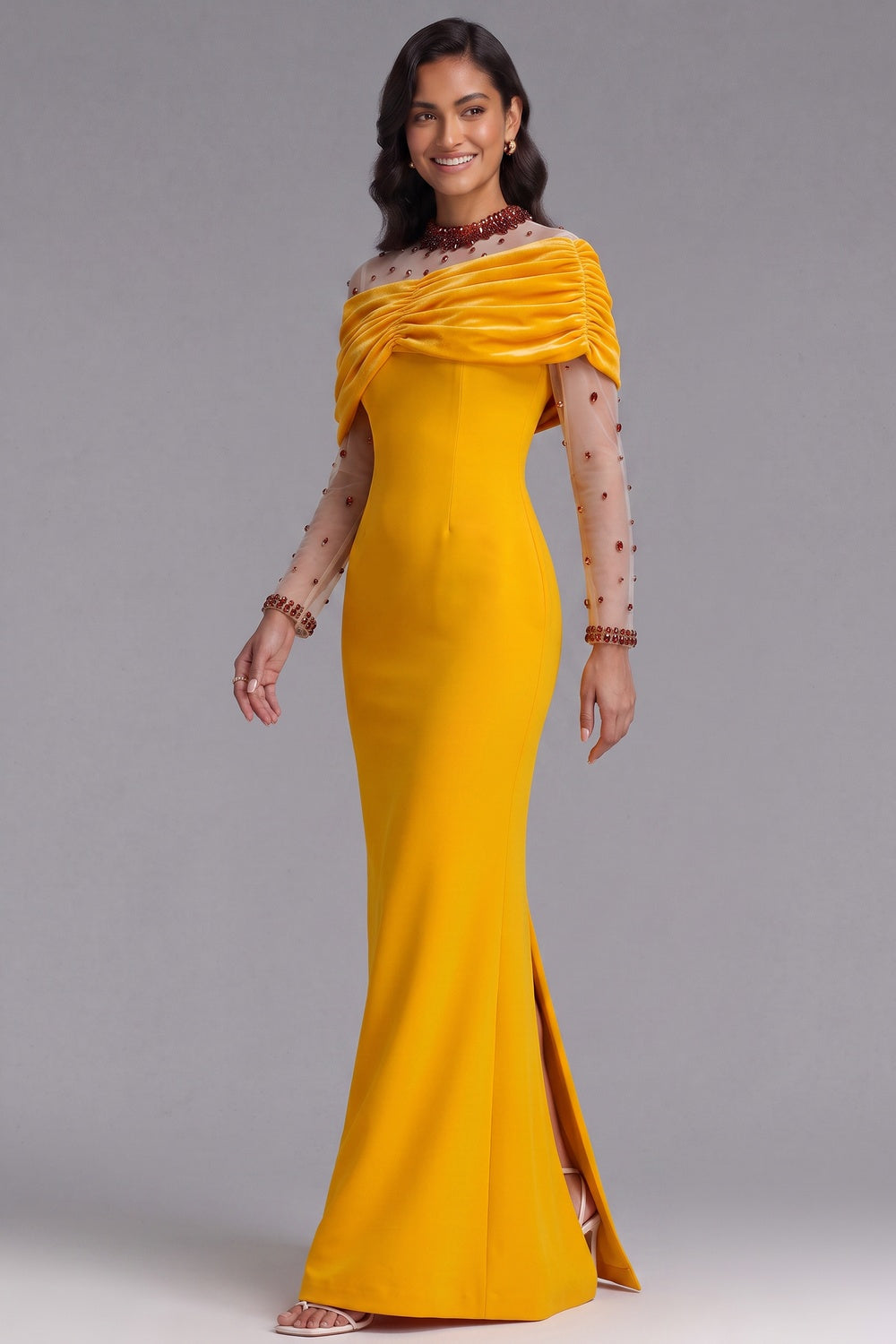 YELLOW VELVET OFF-SHOULDER BEADED GOWN