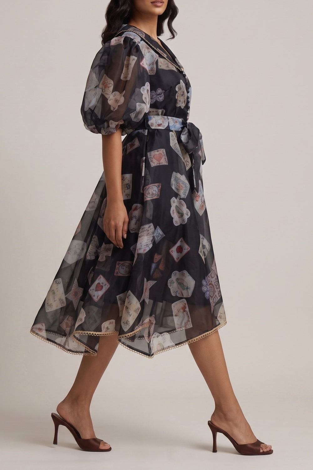 d268d3fef26f4881 V-NECK BALLOON SLEEVE PRINT BELTED MIDI DRESS