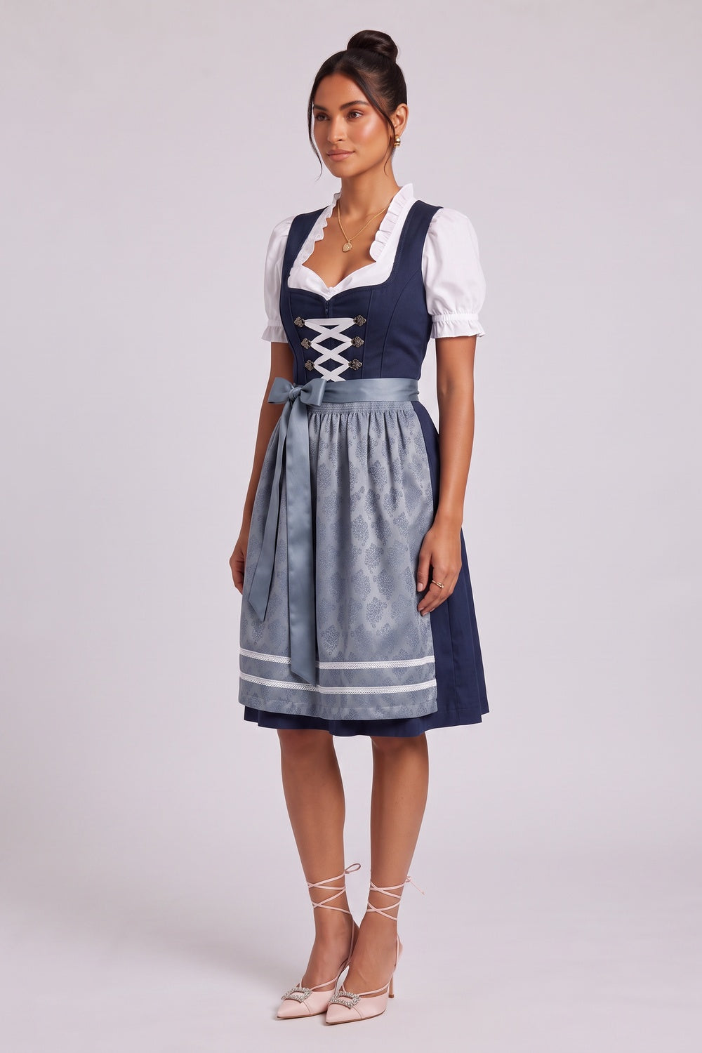 d269860ba823d433 NAVY BLUE FIT-AND-FLARE DIRNDL SET, MATTE COTTON BLEND