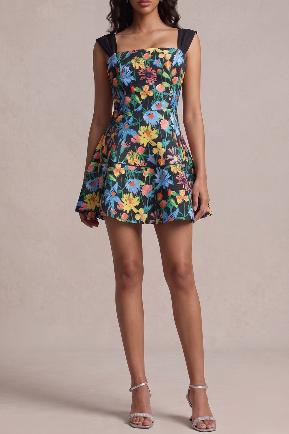 d2784708e90dcd40 SQUARE NECK CAP SLEEVE FLORAL MINI DRESS