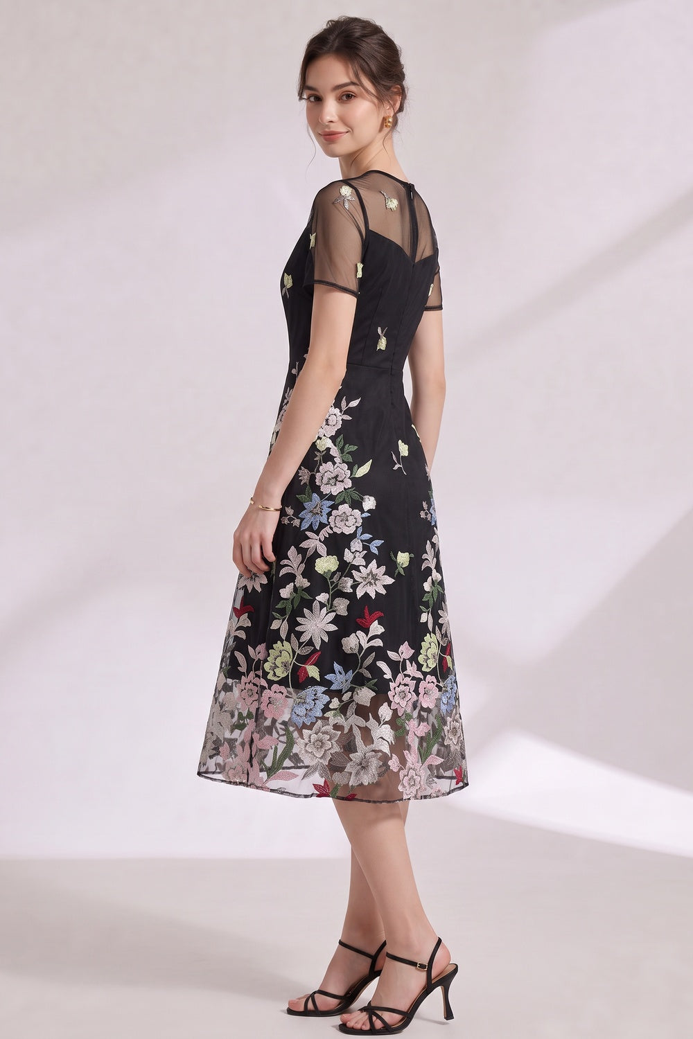 d399faa2d3a0939c BLACK FLORAL EMBROIDERY A-LINE MIDI DRESS SHEER OVERLAY