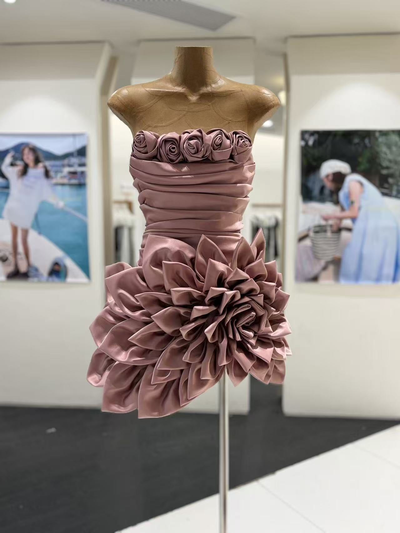 d3fb5c45829b4a9ddd5534ceb83d206b STRAPLESS 3D FLORAL SATIN MINI DRESS FOR WEDDING GUEST
