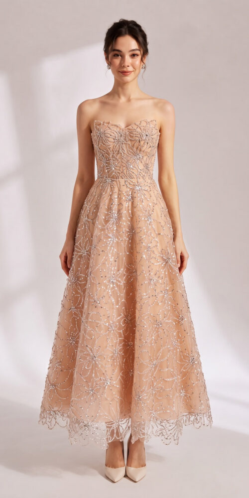 NUDE BEADED STRAPLESS COLUMN MAXI DRESS